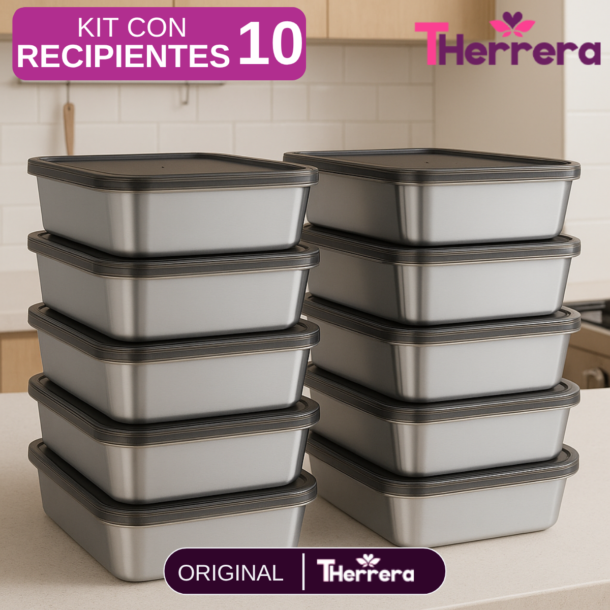 Kit de 6/8/10 Recipientes de Acero Inoxidable con Tapa Antiderrame