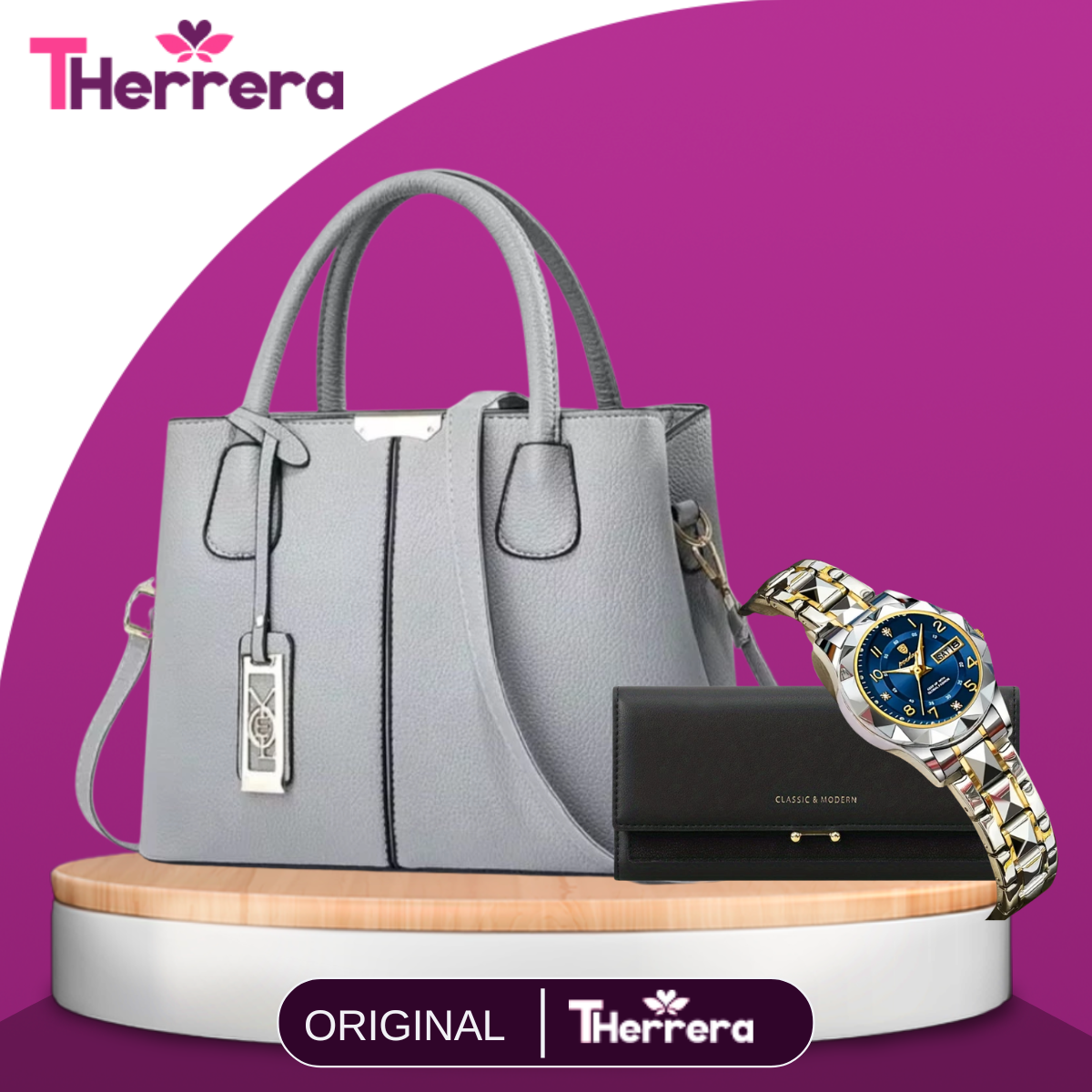 Cartera Femenina Diana de Cuero Legítimo +REGALOS: Billetera y Reloj