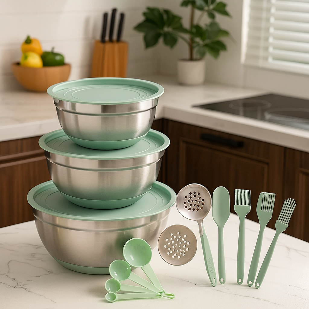 Conjunto de 6 Recipientes de Acero Inoxidable con Tapas de Silicona Multifuncionales +REGALO: Kit de Utensilios de Cocina