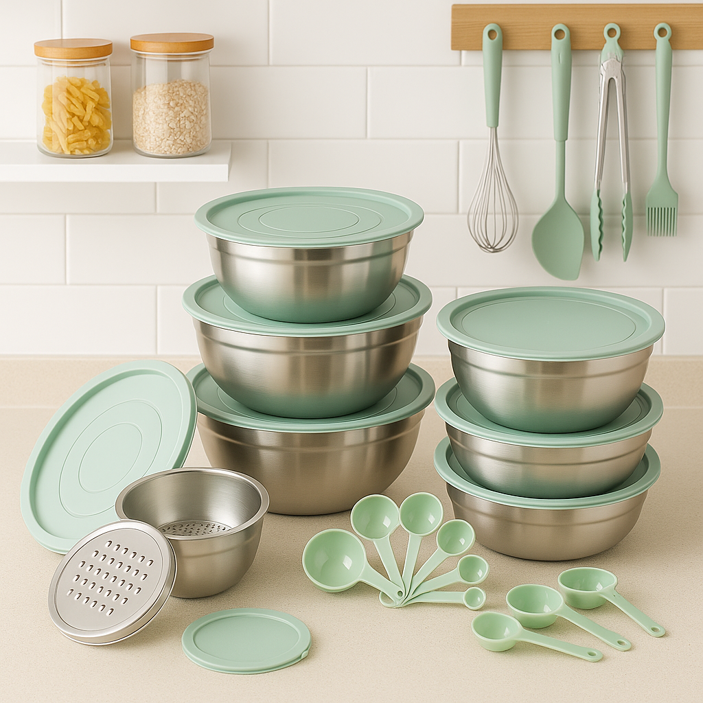 Conjunto de 6 Recipientes de Acero Inoxidable con Tapas de Silicona Multifuncionales +REGALO: Kit de Utensilios de Cocina
