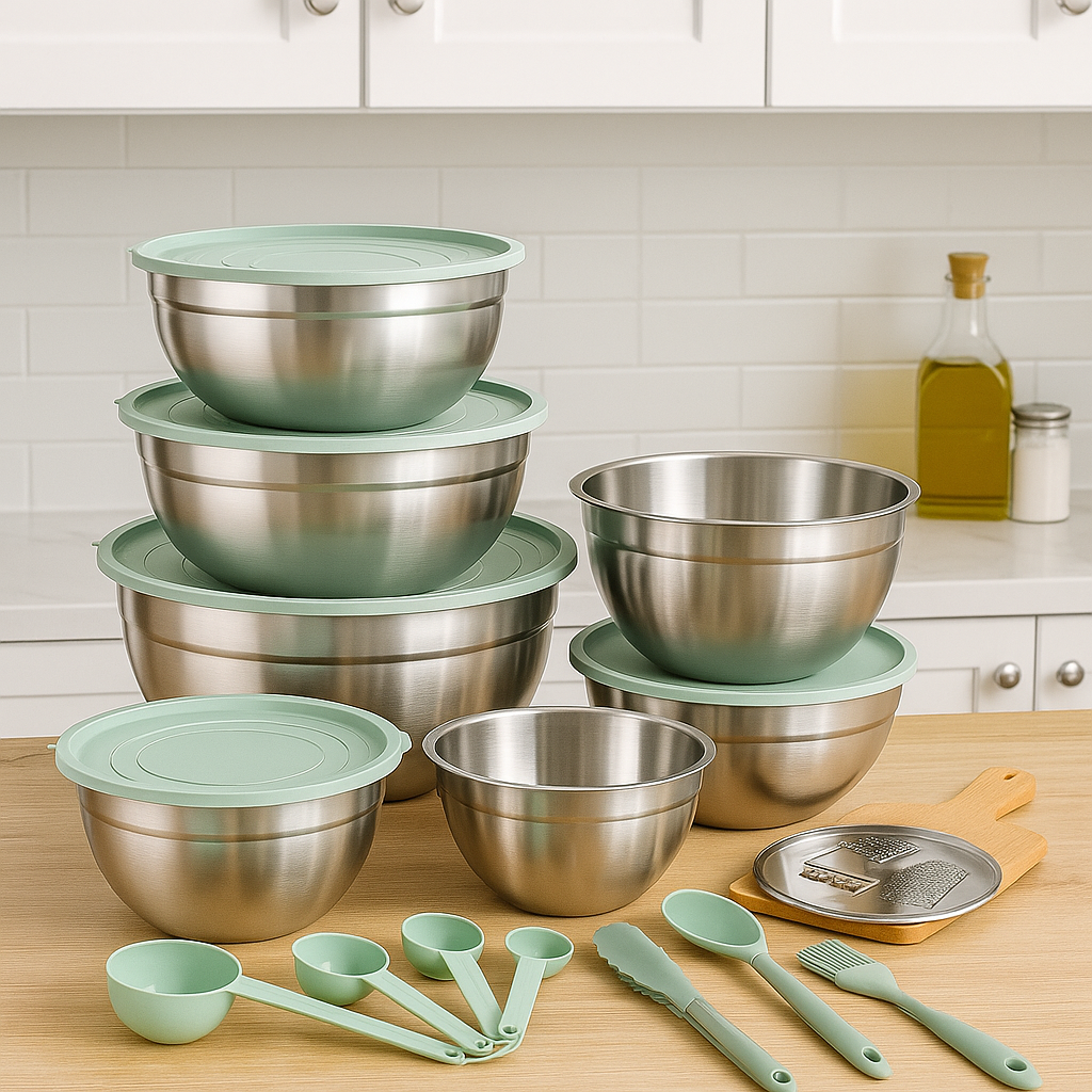 Conjunto de 6 Recipientes de Acero Inoxidable con Tapas de Silicona Multifuncionales +REGALO: Kit de Utensilios de Cocina