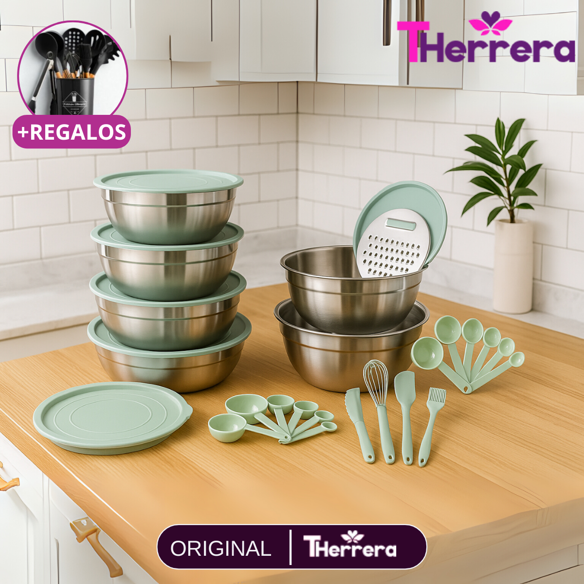 Conjunto de 6 Recipientes de Acero Inoxidable con Tapas de Silicona Multifuncionales +REGALO: Kit de Utensilios de Cocina