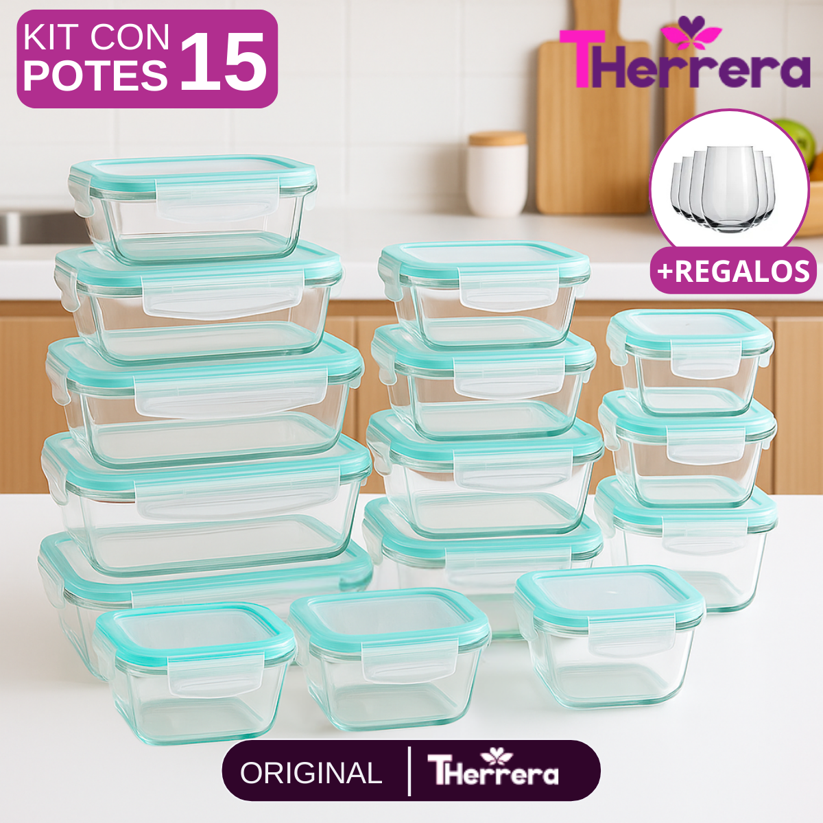 Kit con 15 Recipientes Herméticos de Vidrio + 10 Vasos de Vidrio Aruba de Regalo