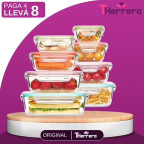 [PAGÁ 4 LLEVÁ 8] Conjunto de Recipientes de Vidrio con Tapa Antiderrame + REGALO: Porta Condimentos