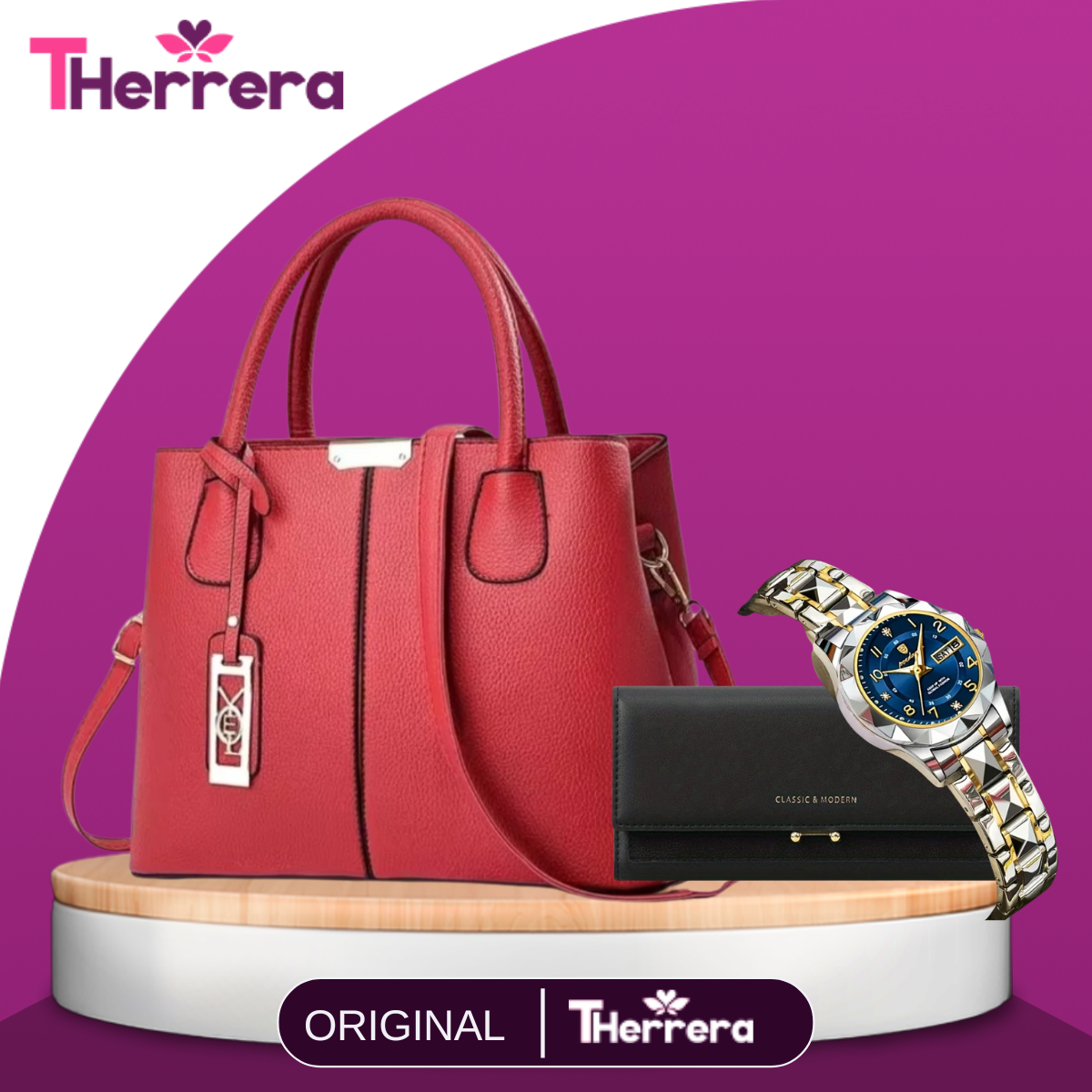 Cartera Femenina Diana de Cuero Legítimo +REGALOS: Billetera y Reloj