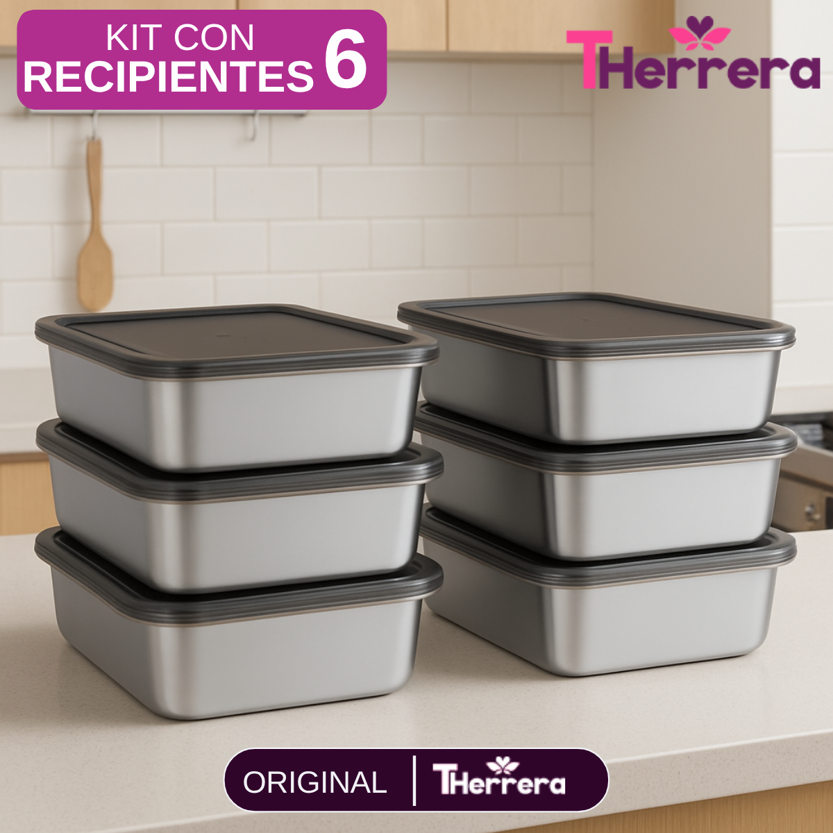 Kit de 6/8/10 Recipientes de Acero Inoxidable con Tapa Antiderrame