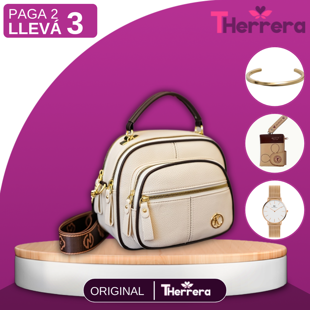 [Leve 2 Pague 1] Bolso de Mujer Alina en Cuero Legítimo con Correa Estampada +REGALOS: Billetera, Pulsera y Reloj