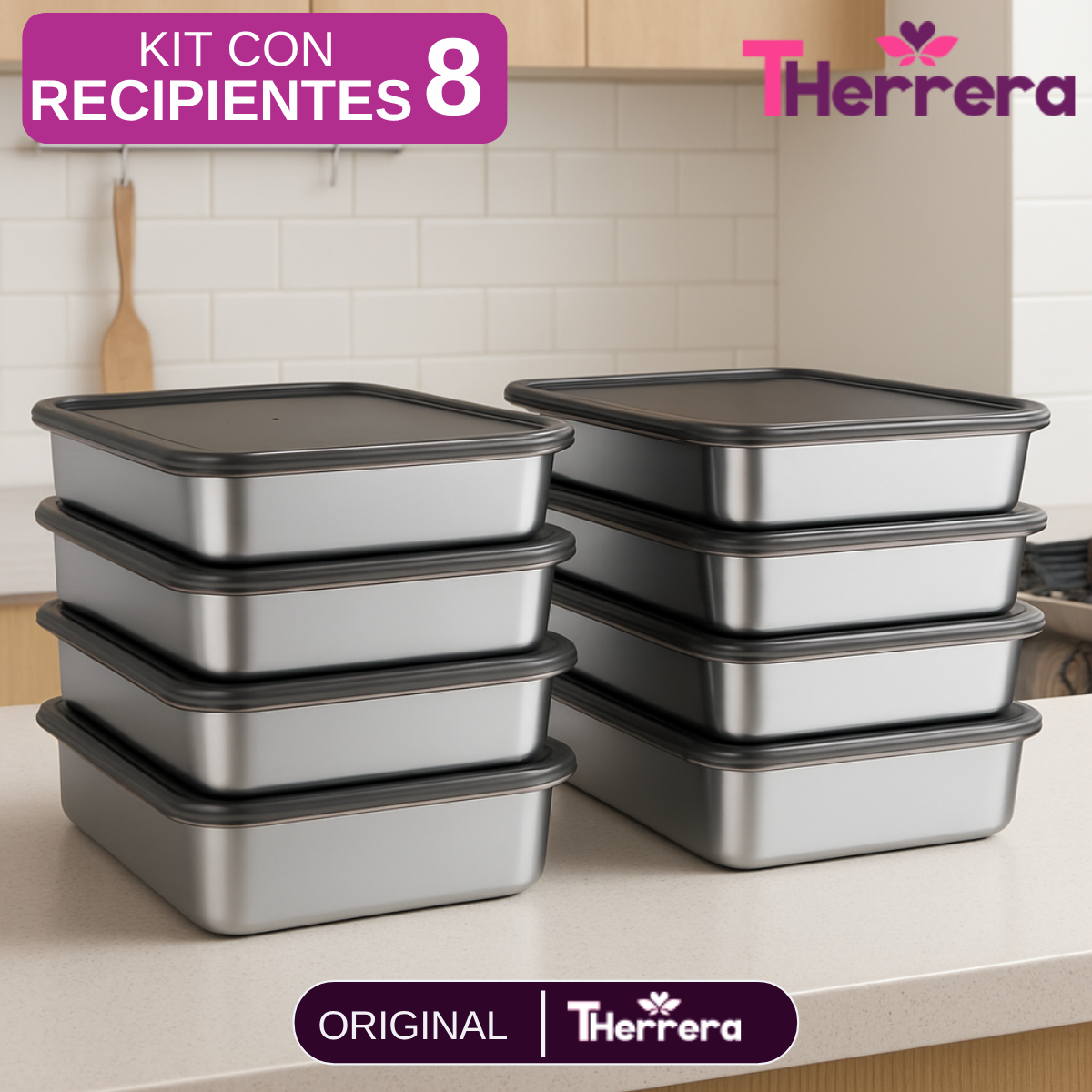 Kit de 6/8/10 Recipientes de Acero Inoxidable con Tapa Antiderrame