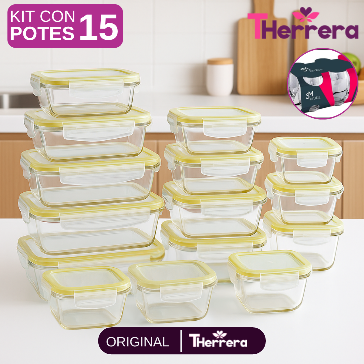 Kit con 15 Recipientes Herméticos de Vidrio + 10 Vasos de Vidrio Aruba de Regalo