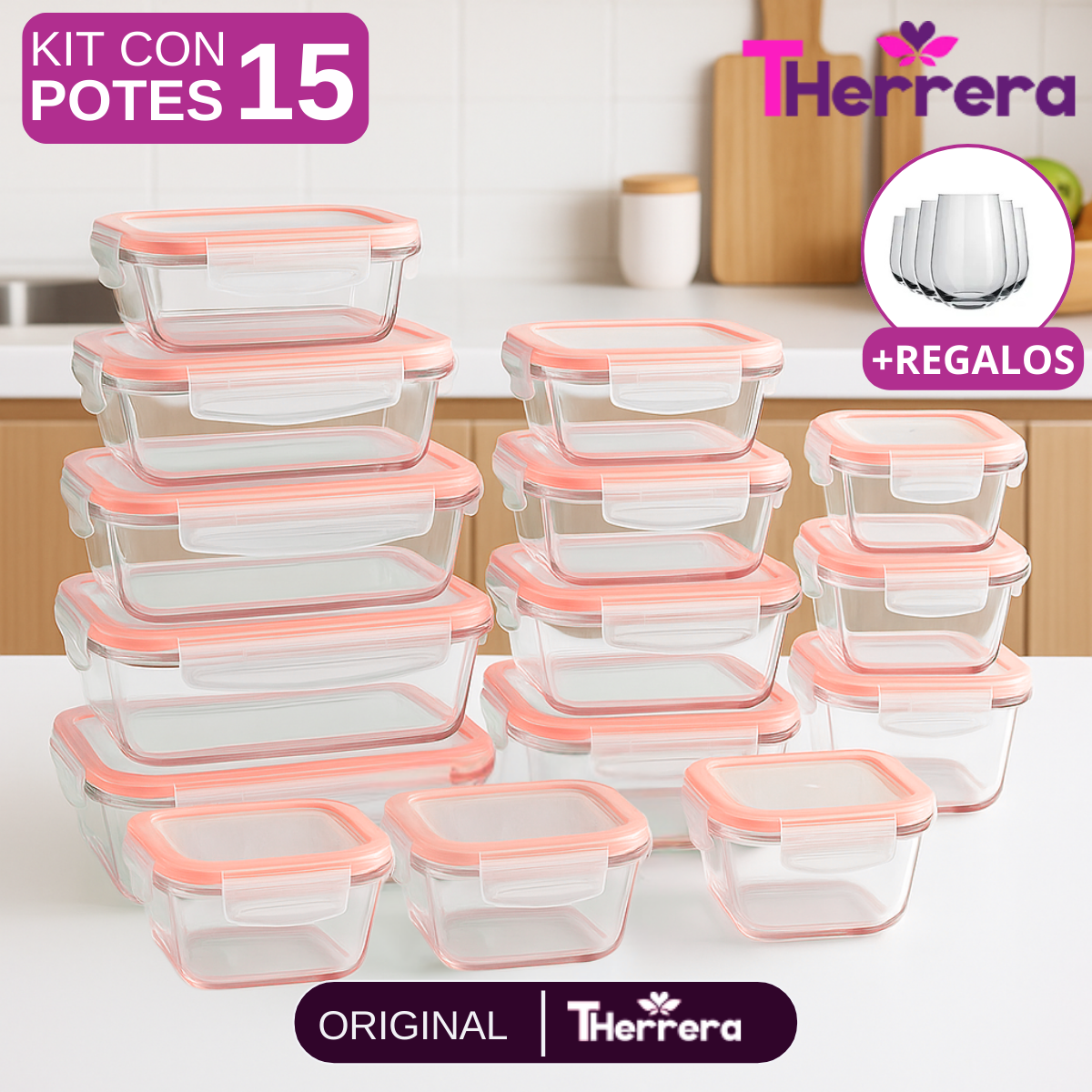 Kit con 15 Recipientes Herméticos de Vidrio + 10 Vasos de Vidrio Aruba de Regalo