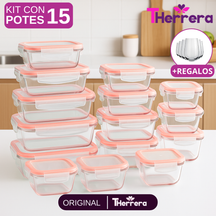 Kit con 15 Recipientes Herméticos de Vidrio + 10 Vasos de Vidrio Aruba de Regalo