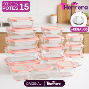 Kit con 15 Recipientes Herméticos de Vidrio + 10 Vasos de Vidrio Aruba de Regalo