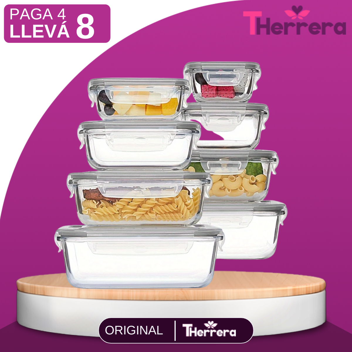 [PAGÁ 4 LLEVÁ 8] Conjunto de Recipientes de Vidrio con Tapa Antiderrame + REGALO: Porta Condimentos