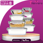 [PAGÁ 4 LLEVÁ 8] Conjunto de Recipientes de Vidrio con Tapa Antiderrame + REGALO: Porta Condimentos