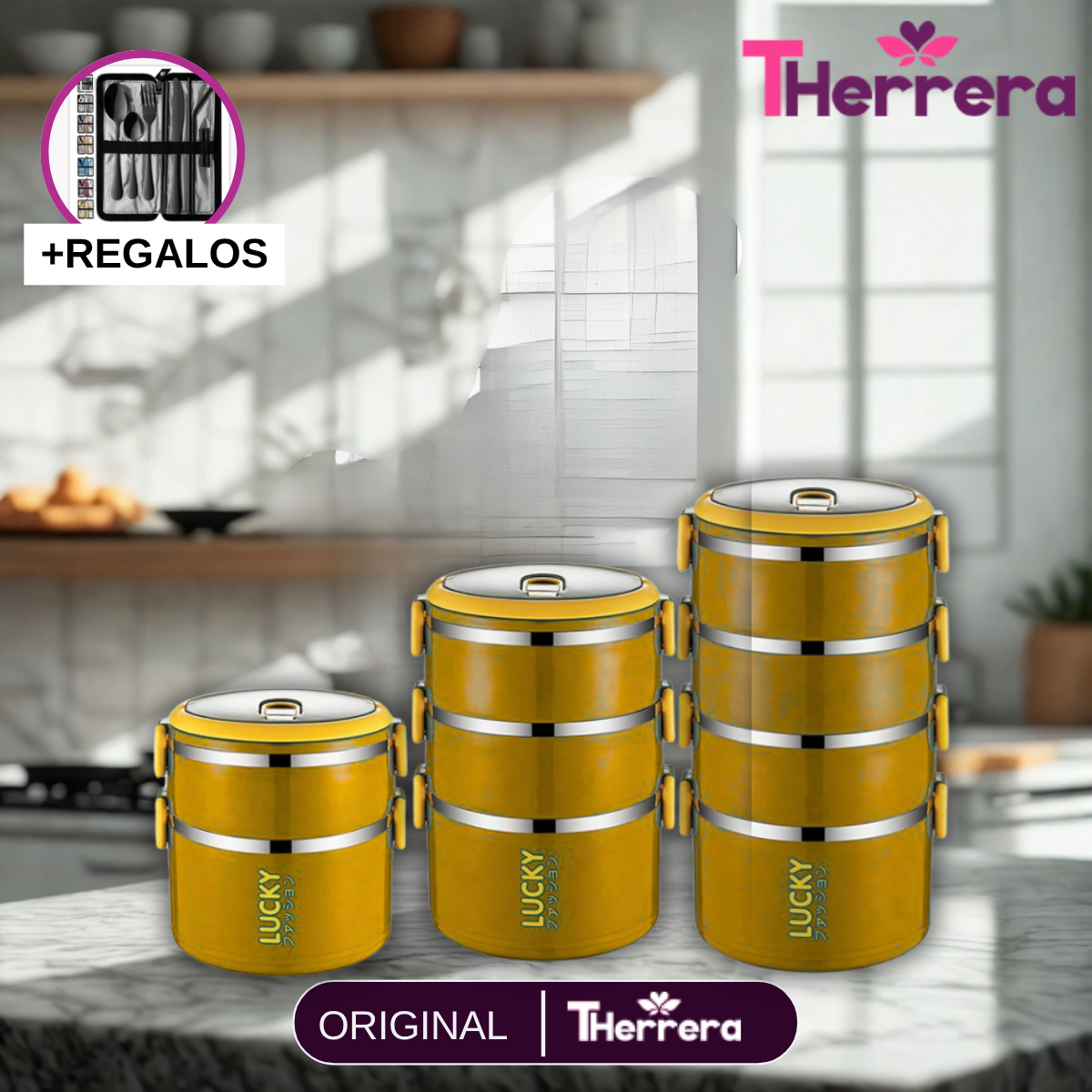 Conjuntos de Viandas Térmicas en Acero Inoxidable con Tapa Antiderrame +REGALO: Set de Cubiertos de Acero Inoxidable