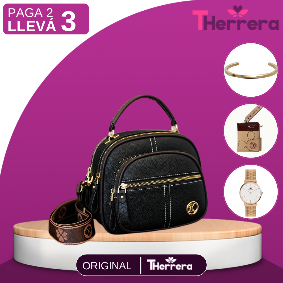 [Leve 2 Pague 1] Bolso de Mujer Alina en Cuero Legítimo con Correa Estampada +REGALOS: Billetera, Pulsera y Reloj