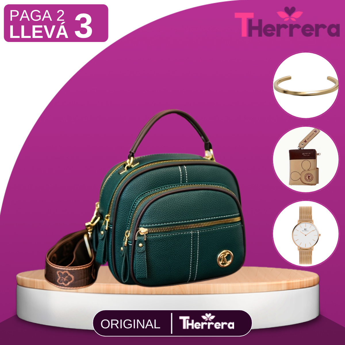 [Leve 2 Pague 1] Bolso de Mujer Alina en Cuero Legítimo con Correa Estampada +REGALOS: Billetera, Pulsera y Reloj
