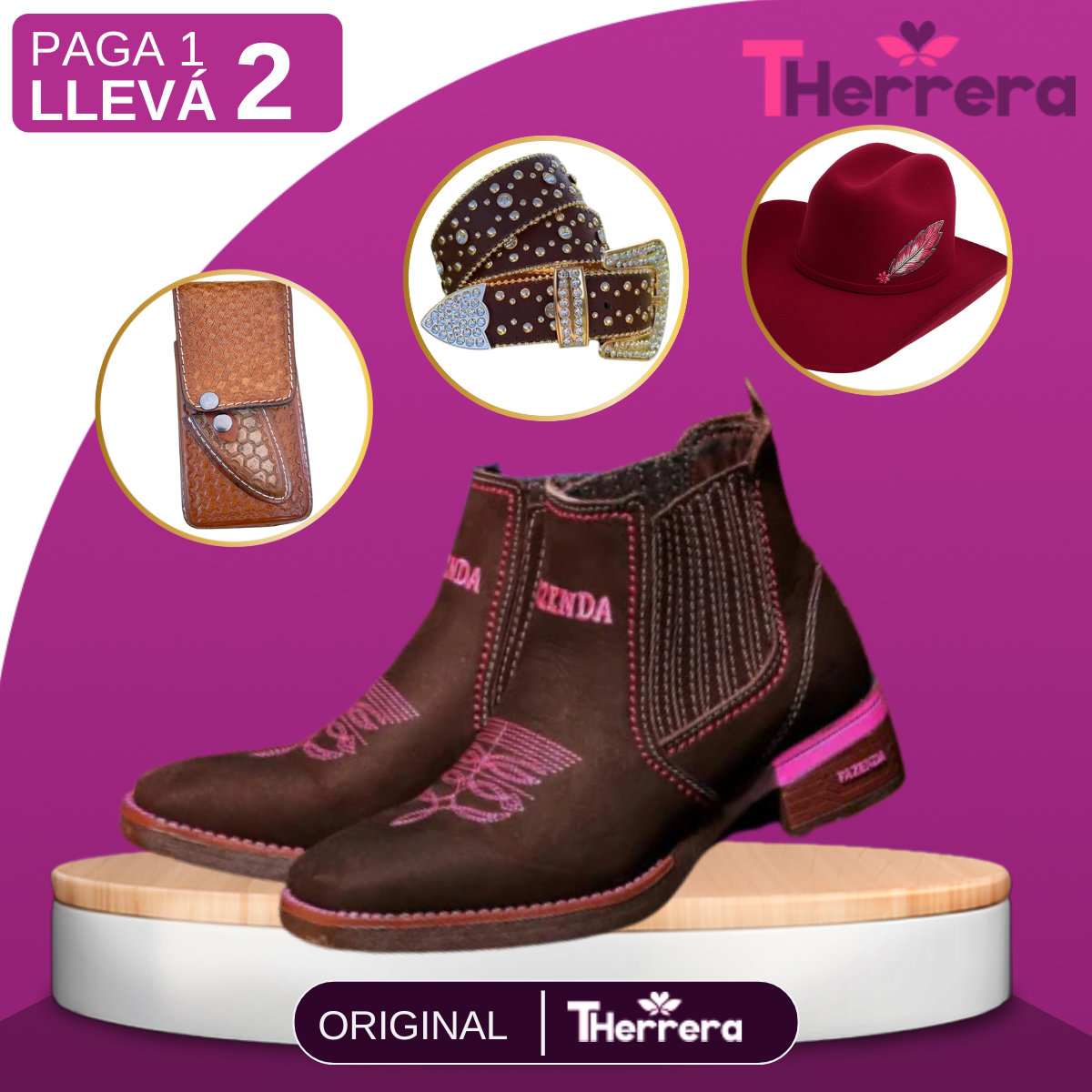 Kit Bota Serena de Cuero Genuino con Suela Antideslizante +REGALOS: Sombrero, Cinturón y Funda