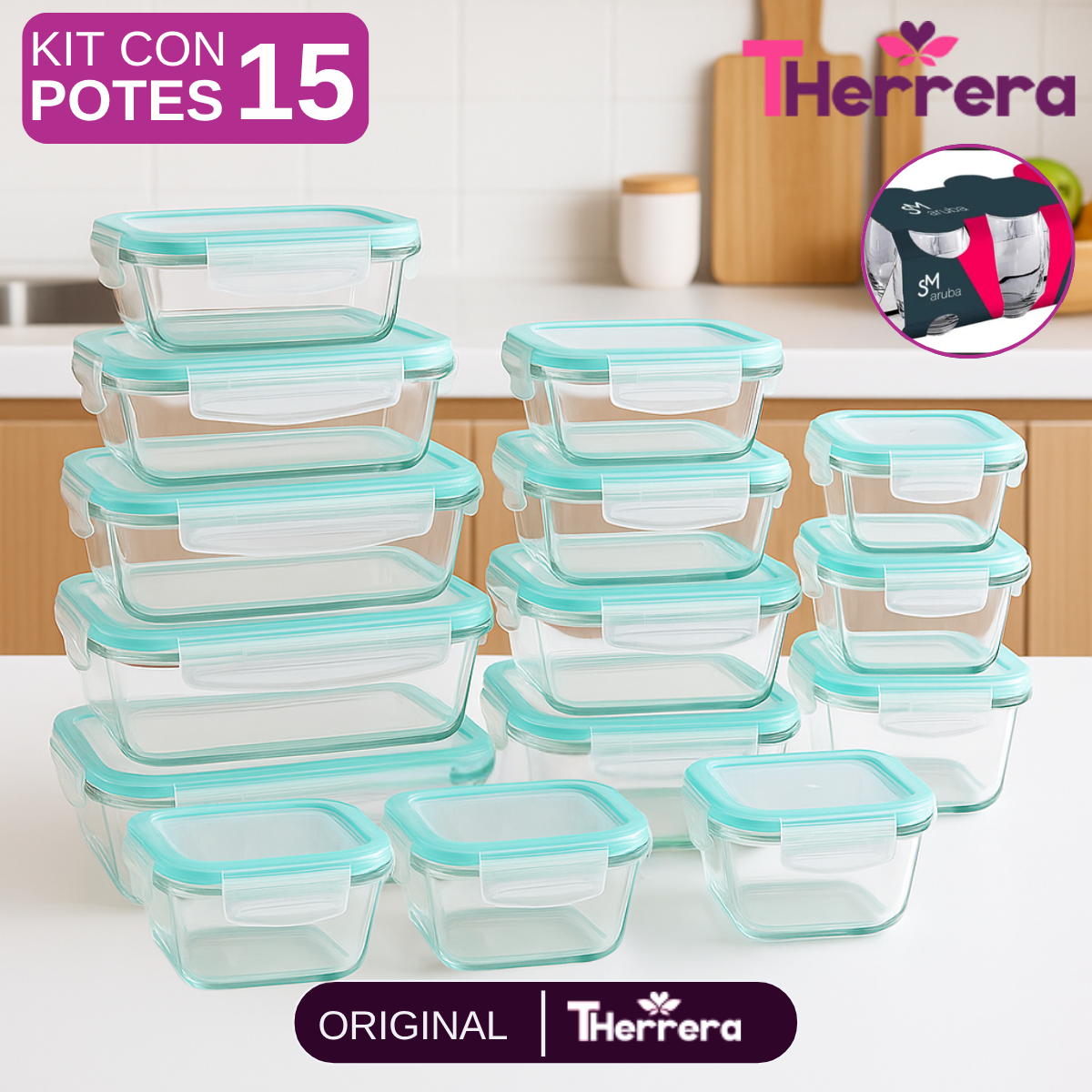 Kit con 15 Recipientes Herméticos de Vidrio + 10 Vasos de Vidrio Aruba de Regalo
