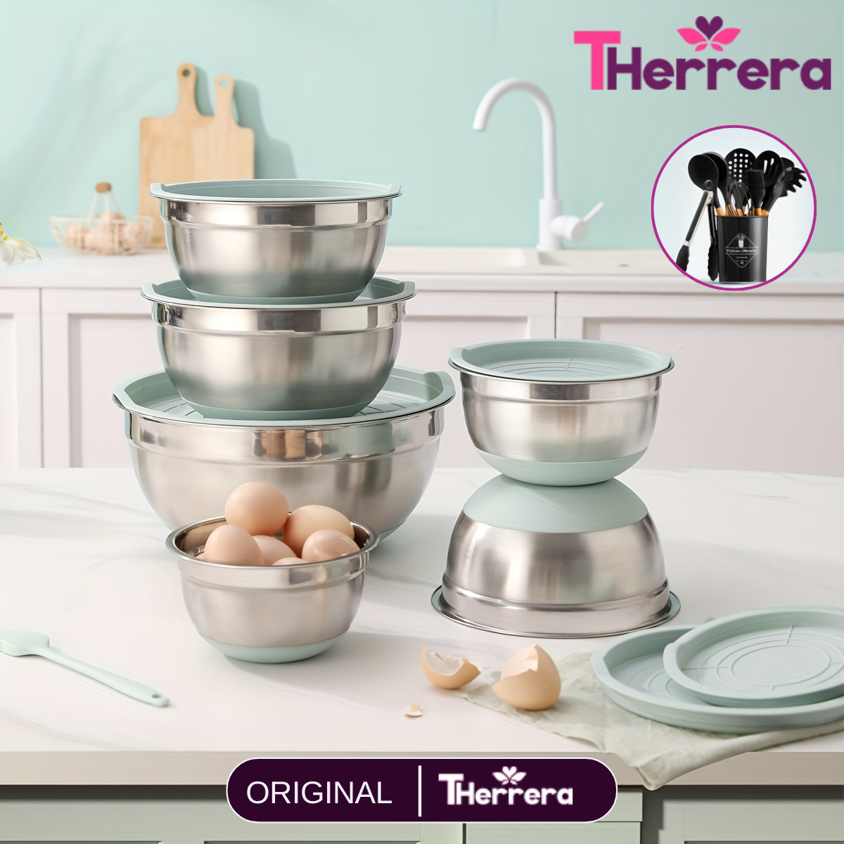 Conjunto de 6 Recipientes de Acero Inoxidable con Tapas de Silicona Multifuncionales +REGALO: Kit de Utensilios de Cocina